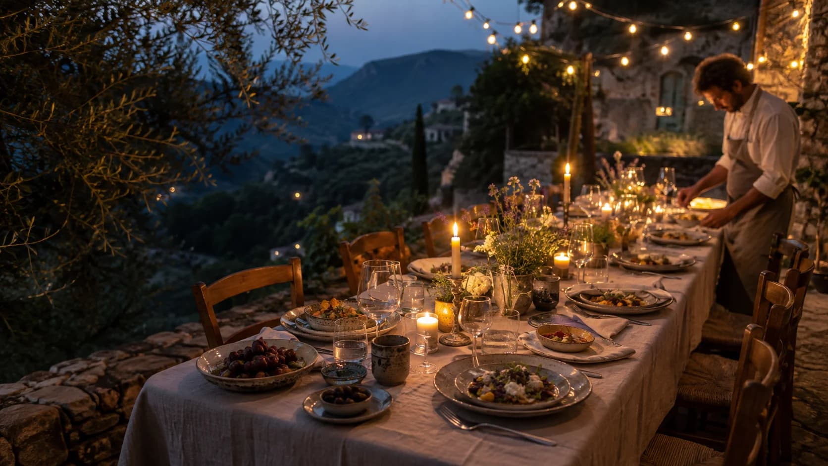 Illustration of a candlelit dinner on a Mallorcan villa terrace