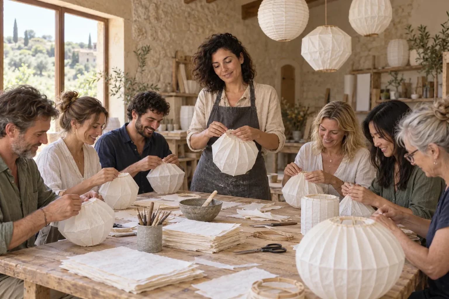 Escena ficticia generada por IA: Papel y luz · Lantern Makers Atelier