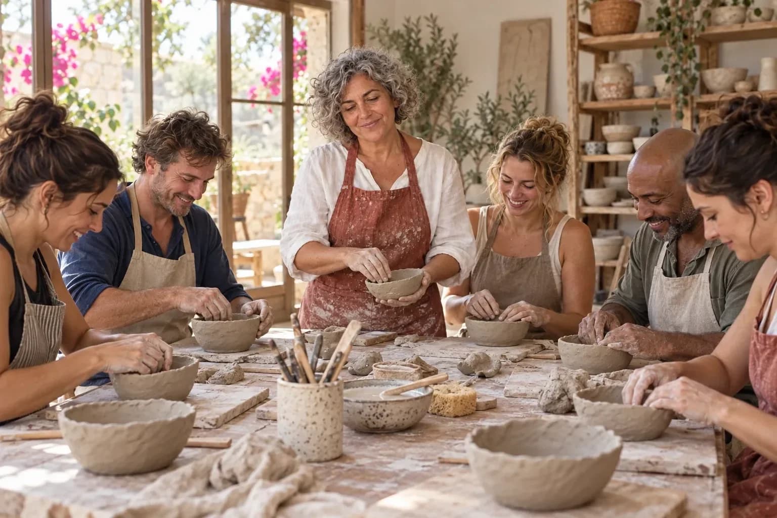 Escena ficticia generada por IA: Formas de barro · Clay & Sun Workshop
