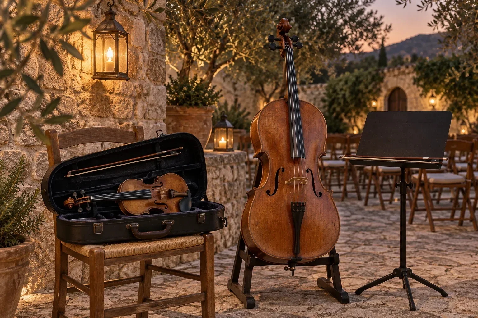 AI-generated fictional scene: Strings at dusk · Nightjar Strings