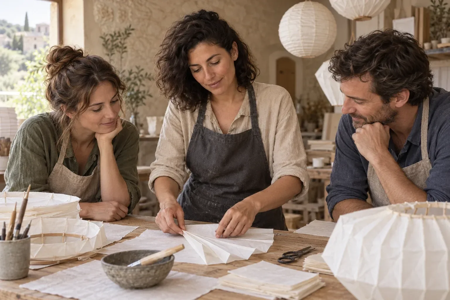 Escena ficticia generada por IA: Papel y luz · Lantern Makers Atelier