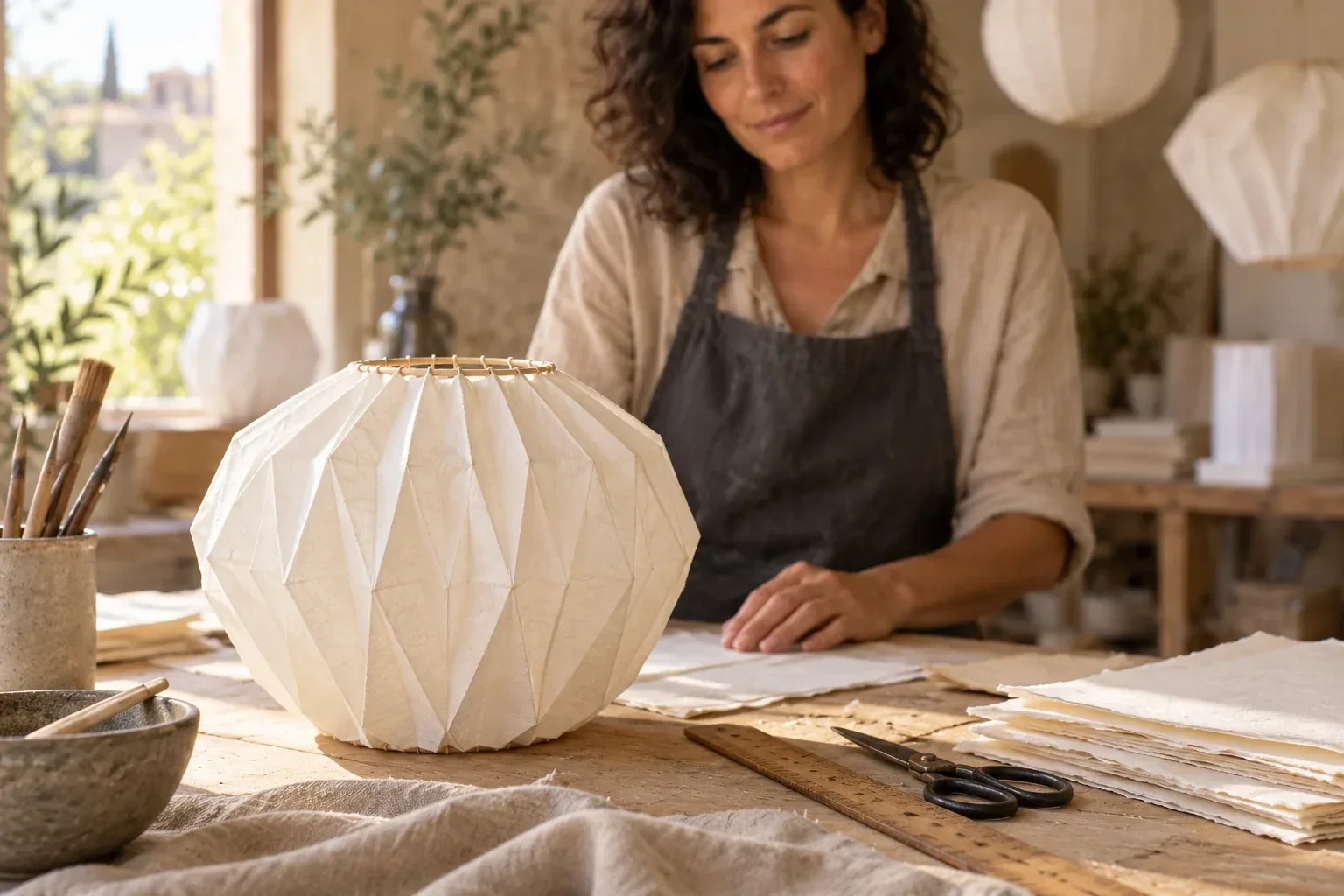 Escena ficticia generada por IA: Papel y luz · Lantern Makers Atelier