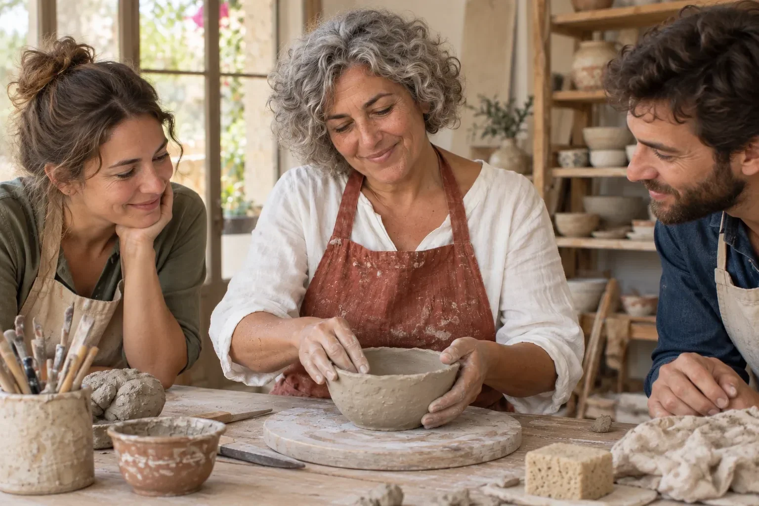 Escena ficticia generada por IA: Formas de barro · Clay & Sun Workshop