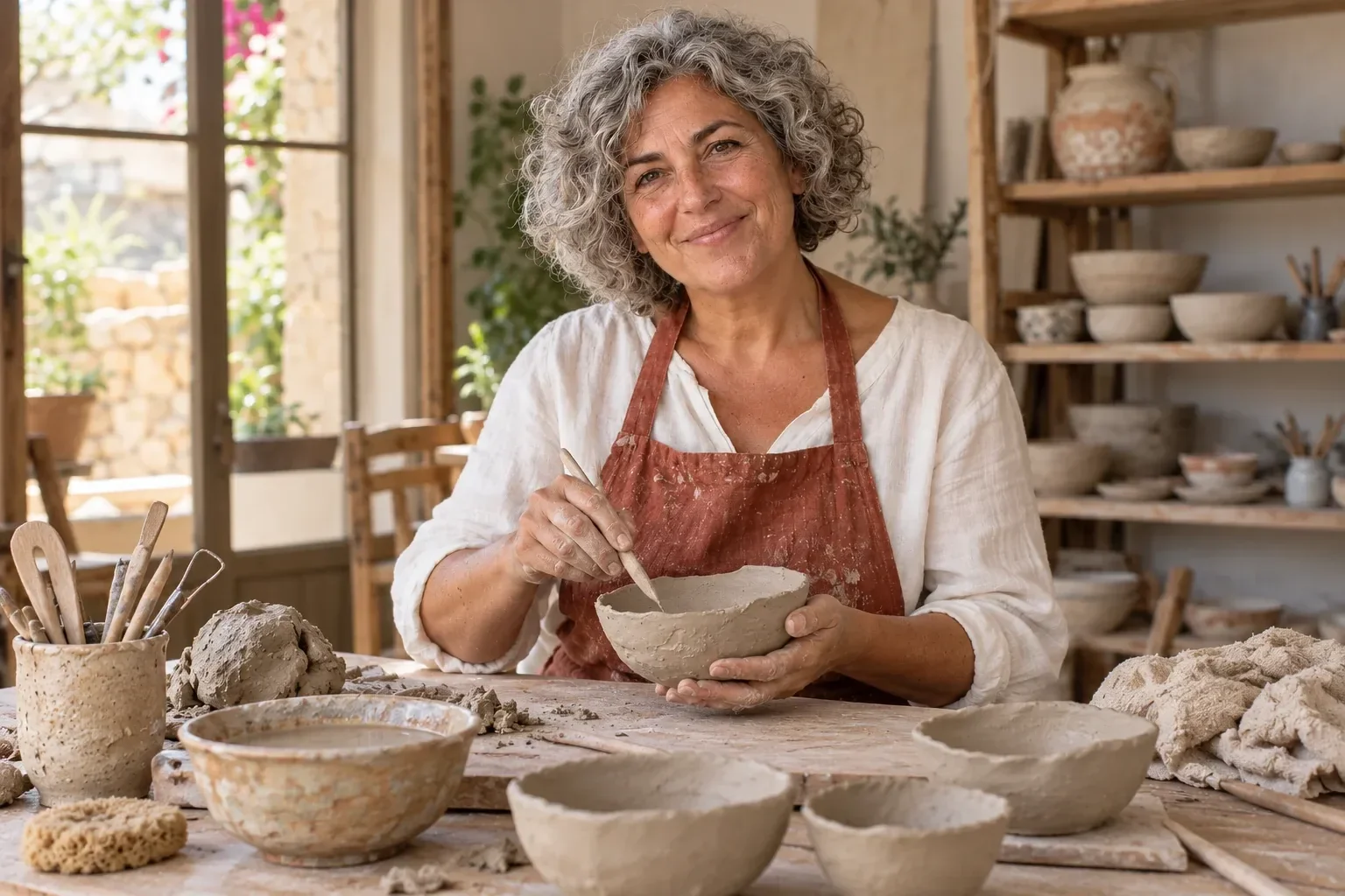 Escena ficticia generada por IA: Formas de barro · Clay & Sun Workshop